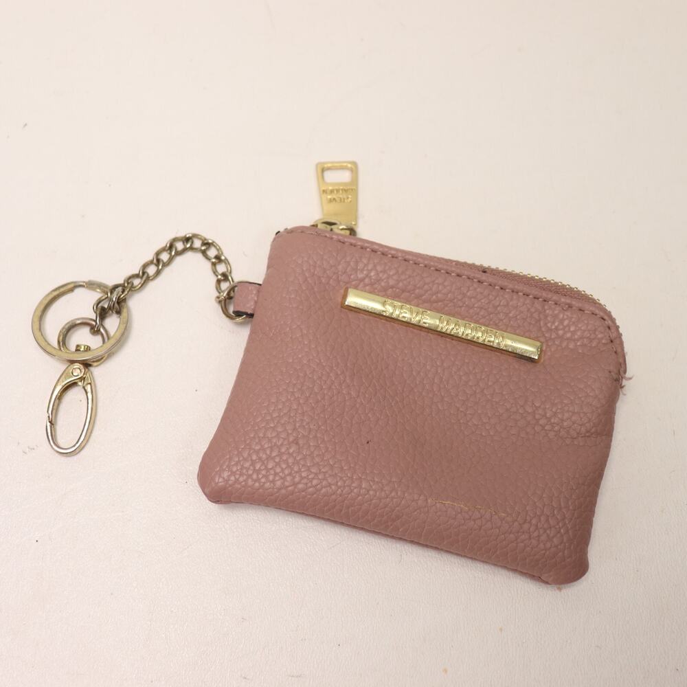 Vtg Steve Madden Coin Key Ring Purse Mini Mauve Faux Leather Zip Snap Pouch